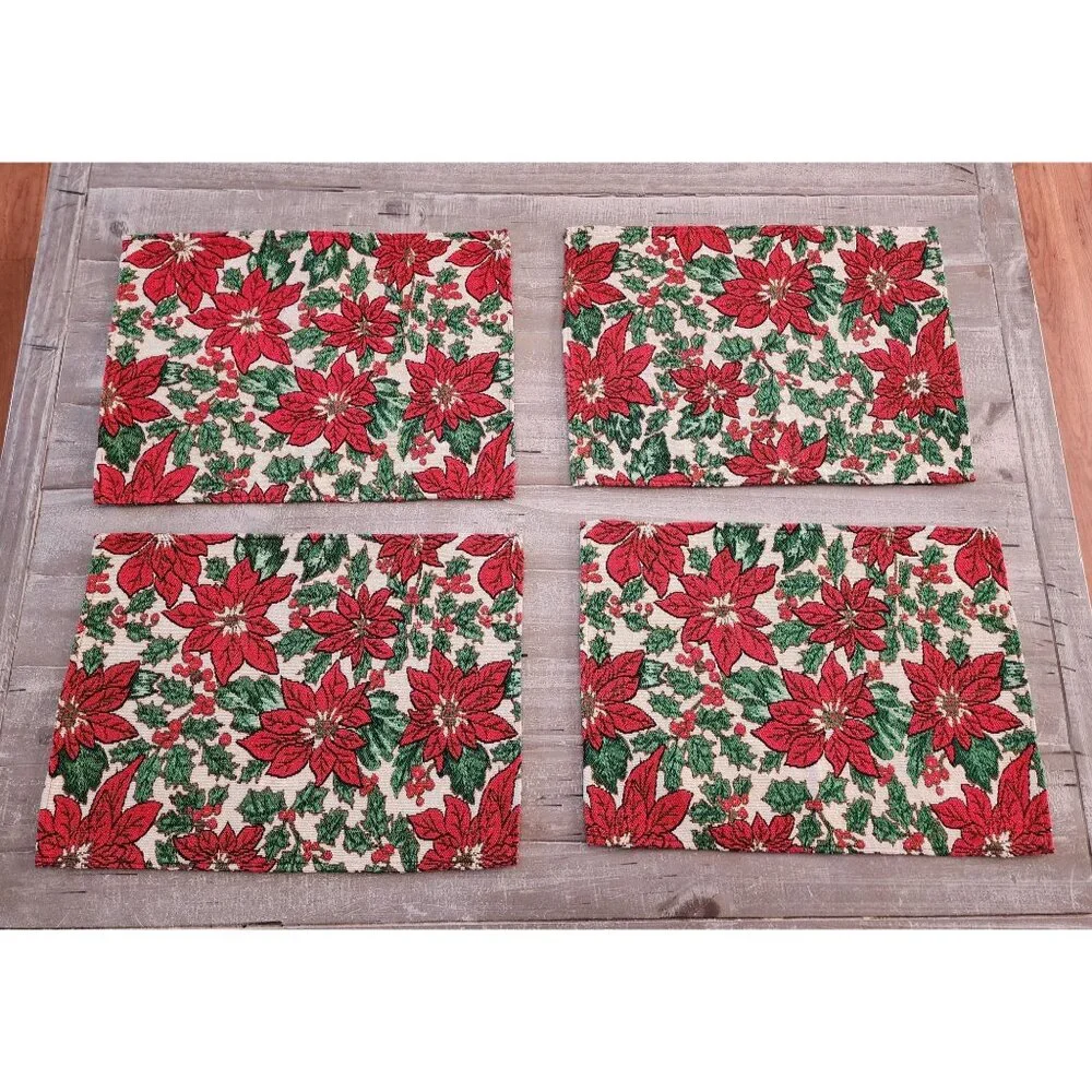 Festive Holiday Poinsettia Pattern Woven Tapestry Placemats Set Of 4 17